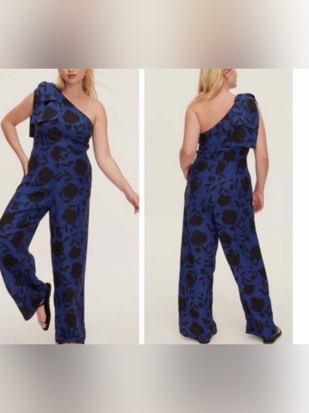 NWT Kate Spade New York One Shoulder Floral Jumpsuit Size 8 Blue Black Wide Leg